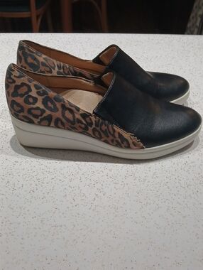 Naturalizer Black Leather and Leopard Print Wedge Mules